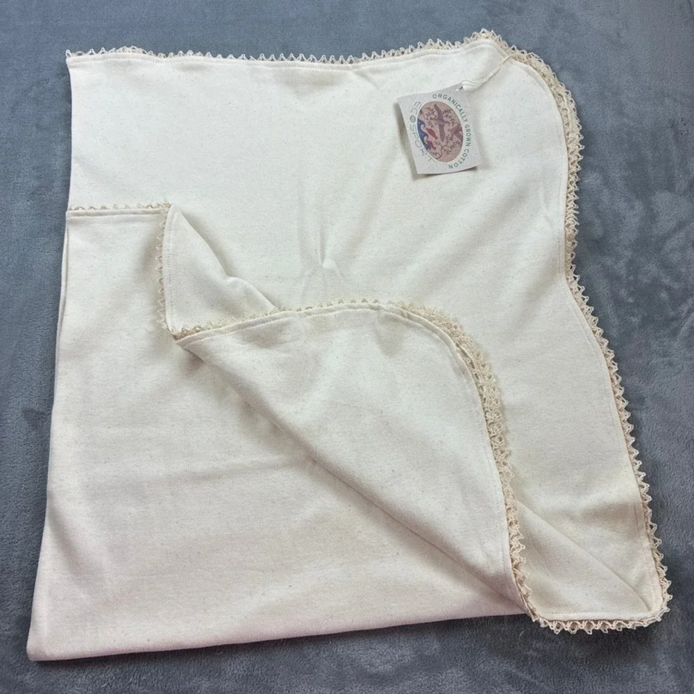 New EcoSport Organic Cotton Baby Receiving Blanket Cream Crochet Lace Trim